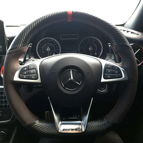 Vista 9 de Cubierta de volante de fibra de carbono mate negro y cuero de ante con costura manual, ajuste envolvente para Mercedes Benz W205/C43 GLA45 GLC43