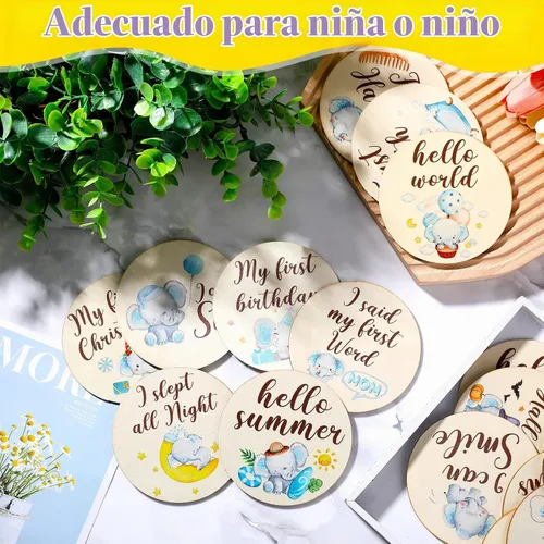 Vista 4 de Tiamon 16 tarjetas mensuales para bebé de madera, elefante azul
