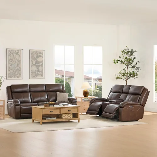 Vista 22 de Watson & Whitely Sofá reclinable eléctrico de piel auténtica, sofás reclinables de pared de 3 plazas con consola de almacenamiento, reposacabezas