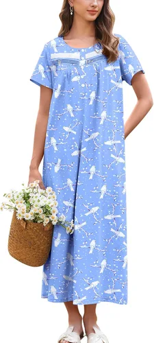 Vista 7 de Ekouaer Camisón para Mujeres de Algodón Camisón Largo de Noche Camisón de Manga Corta con Bolsillos Camisón con Botones Ropa de Dormir Suave