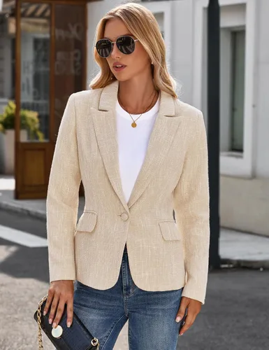 Vista 6 de luvamia Blazers de tweed para mujer, chaqueta casual de negocios, chaqueta elegante, trajes de trabajo, oficina, trajes profesionales de manga larga