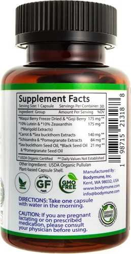Vista 4 de Bodymune Advanced EyeCare Suplemento orgánico de salud ocular USDA con luteína y zeaxantina Extractos de maqui, goji y espino cerval de mar