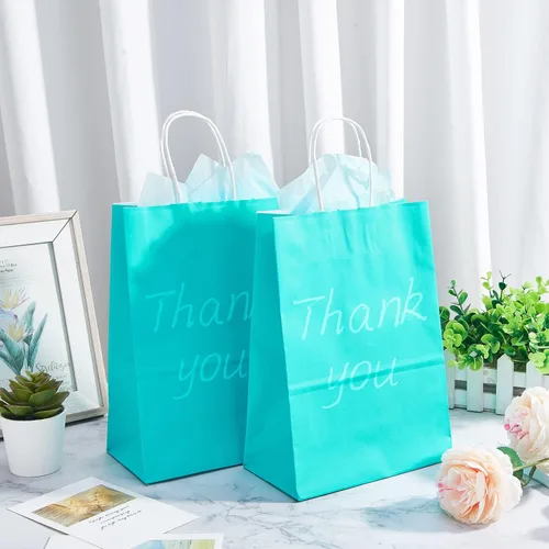 Vista 5 de DjinnGlory Paquete de 24 bolsas de regalo de papel azul turquesa de tamaño mediano con asas de 10 x 8 x 4 pulgadas y 24 papel de seda para Verde
