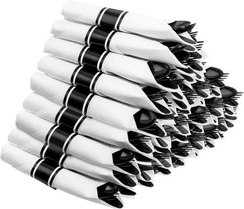 Vista 19 de Supernal 200 cubiertos de plástico dorado con servilletas de bolsillo, 50 juegos, cubiertos desechables resistentes con servilletas blancas, vajilla