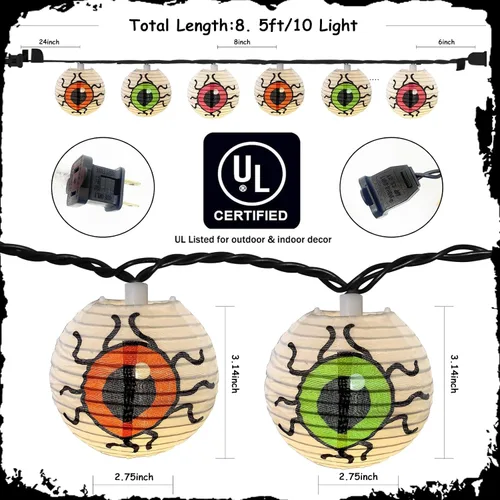 Vista 2 de Guirnalda de luces de Halloween, 8.5 pies, luces LED de ojo blanco enchufable, 10 linternas de Halloween, tira de luces conectables para decoración