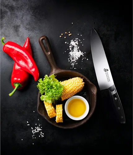 Vista 5 de TUO - Cuchillo de chef de 8 pulgadas - Cuchillo de cocina profesional, de acero alemán de alto carbono - Mango de madera de Pakka de espiga completa