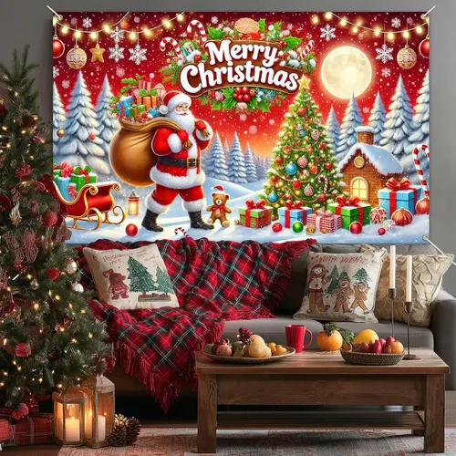 Vista 4 de HOMETITUTE Cartel de Navidad de 71 x 43 pulgadas, telón de fondo rojo de Papá Noel con árbol de regalo, decoración de nieve en trineo