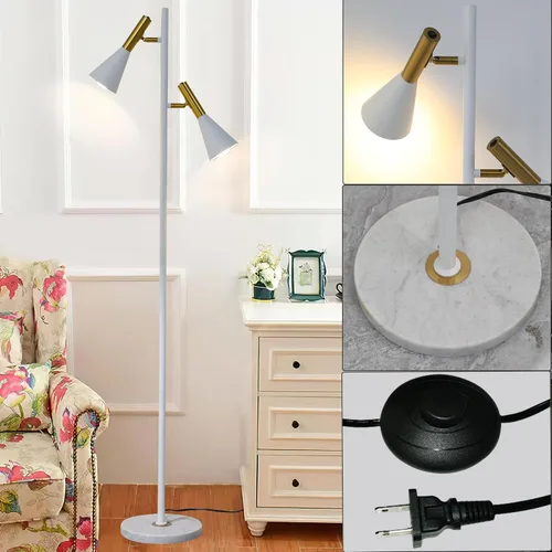 Vista 6 de Elegante lámpara de pie moderna con 2 cabezales ajustables, lámparas de pie blancas y doradas con base de mármol, luz vertical de poste alto