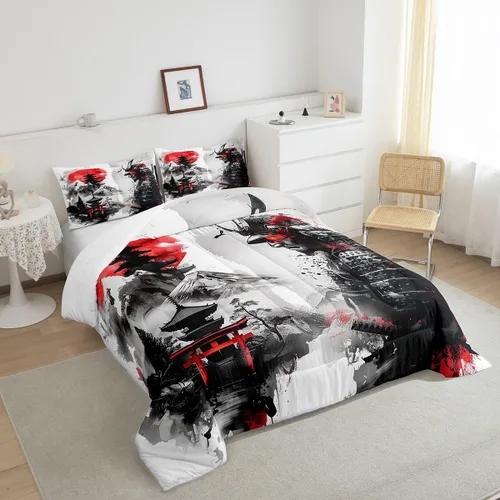 Vista 4 de Feelyou Samurai - Juego de ropa de cama japonesa para niños y niñas, juego de edredón de monte Fuji con 2 fundas de almohada, 3 piezas