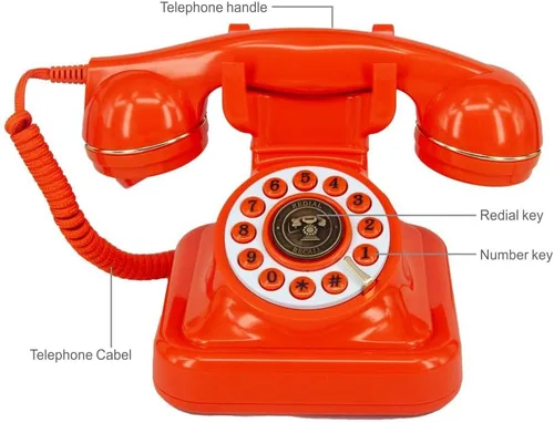 Vista 5 de Teléfonos de línea terrestre para el hogar Teléfono con botón de marcación antiguo, utilizado para oficina hotel y hogar. (naranja)