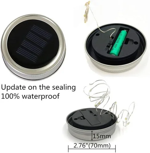 Vista 3 de Luces solares para tarros de masón, paquete de 8 tiras de luces impermeables con 8 ganchos para patio, jardín, fiesta, boda, decoración de Navidad