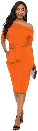 Vista 5 de Nature Comfy Elegante vestido de tubo con cinturón de un hombro y bolsillos para mujer