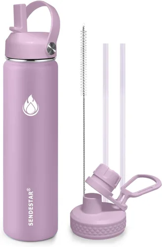 Vista 29 de SENDESTAR Botella de agua aislada de 24 onzas, boca ancha, botella de agua de 24 onzas con tapa con popote, tapa de boquilla, acero inoxidable