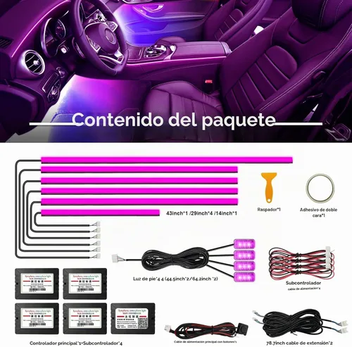 Vista 5 de Luces de acrílico para interiores de automóvil, accesorios de automóvil, tira de luces LED 10 en 1 con control de aplicación, 175 pulgadas, 593