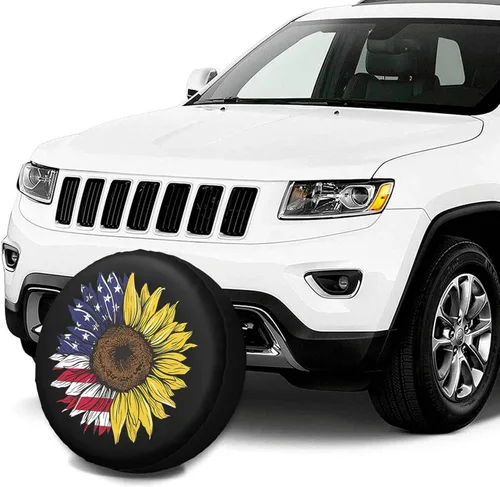 Vista 3 de Bandera Americana de Estados Unidos, cubierta de neumático de repuesto con diseño de girasol, protector de rueda a prueba de polvo, para remolque