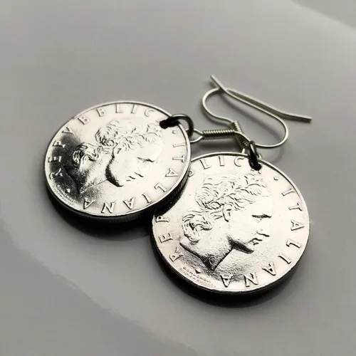 Vista 2 de Italia 50 Lire moneda pendientes pendientes italiana joyería laureado Roma Milán Florencia Venecia Verona Génova Perugia Palermo Bolonia Torino