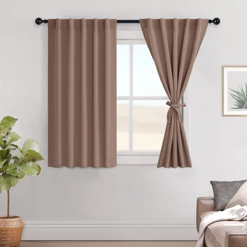 Vista 142 de Hiasan Cortinas opacas negras para dormitorio, cortinas opacas cortas de 45 pulgadas de largo, con aislamiento térmico, bolsillo para barra