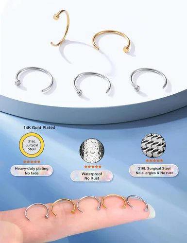 Vista 30 de FIBO STEEL - 5 piezas de acero inoxidable, 18G a 22G, joyería corporal, piercing de nariz para mujer