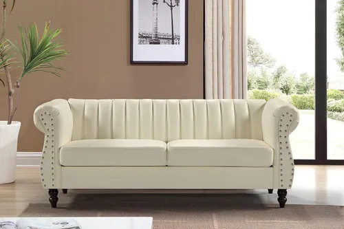Vista 2 de Container Furniture Direct Sofá de piel sintética de 77 pulgadas inspirado en Chesterfield con diseño elegante, patas de calabaza y tapicería