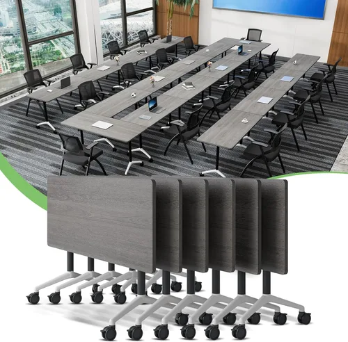 Vista 58 de Mesa de conferencias plegable con ruedas, mesa modular para sala de conferencias con 2 ojales para cables, mesas móviles de sala de reuniones