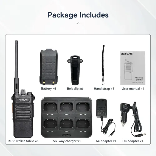 Vista 7 de Retevis RT86 - Radio de 2 vías de largo alcance con cargador de 6 vías para almacén, paquete de 6 High Power Strong Signal, Professional Walkie