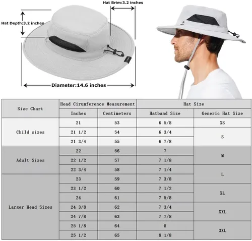 Vista 4 de Sombrero de pesca para hombre, sombrero de sol de ala ancha, protección UV SPF XL, XXL, tamaño grande, cabeza grande, senderismo, playa, safari