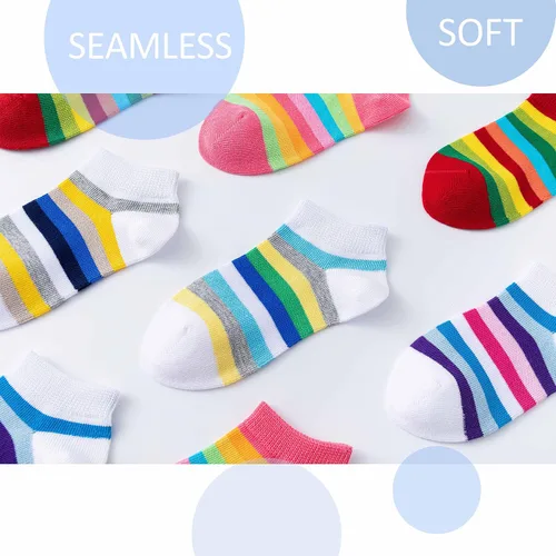 Vista 3 de Marchare Calcetines sin costuras para niñas, calcetines de algodón con rayas de arco iris, paquete de 5
