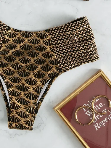 Vista 4 de WDIRARA Conjunto de bikini de 2 piezas con estampado metálico y tirantes anchos para mujer