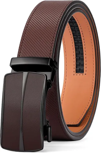 Vista 12 de SENDEFN Cinturón de cuero para hombre, con hebilla de trinquete automática, cinturón casual de 1 3/8 pulgadas de ancho, ribete ajustable