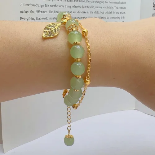 Vista 4 de CJIAYUJEW Hotan - Pulsera de hoja de jade natural de 2 capas de nefrita verde para mujer, diseño de cuentas redondas con dije de hoja de circón