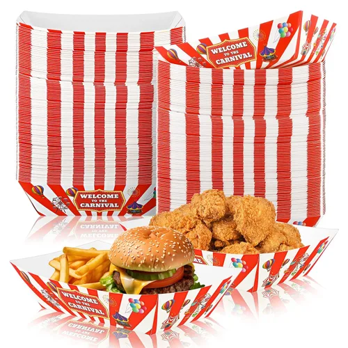 Vista 8 de Tenceur 50 Piezas Bandejas de Papel de Carnaval para Alimentos 2lb Decoraciones de Carnaval Cuencos de Nachos a Rayas Rojas y Blancas Barcos
