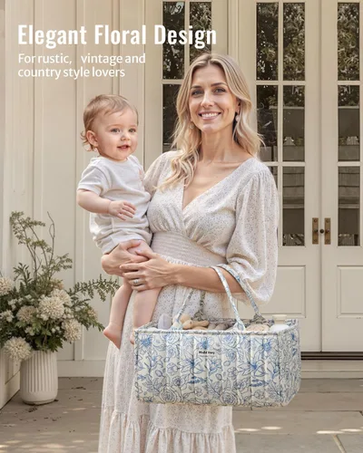 Vista 7 de Blissful Diary Organizador de pañales con flores, elegante cesta de almacenamiento para guardería, regalo para baby shower, imprescindible