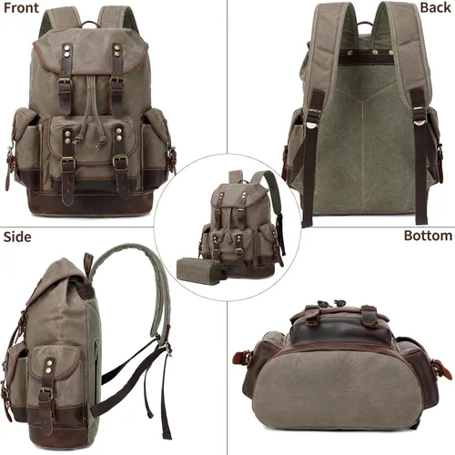 Vista 6 de Wogarl Mochila de lona de cuero vintage, Verde militar, Mediana, Ocio