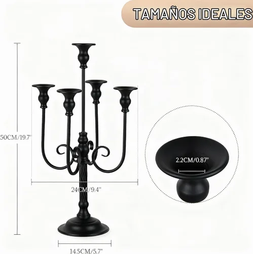 Vista 5 de Centros de mesa de candelabros para mesas, 2 portavelas alto de metal para velas cónicas, 5 brazos para decoración de centros de mesa de boda Negro