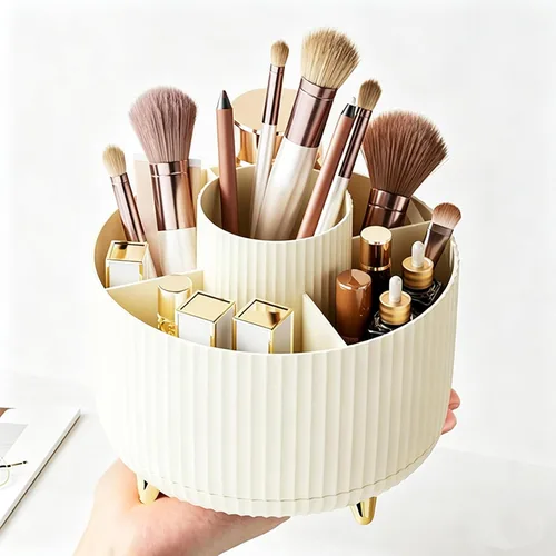 Vista 7 de Organizador de brochas de maquillaje giratorio de 360 grados, diseño desmontable, 5 ranuras, para cosméticos y lápices, organizador para escritorio