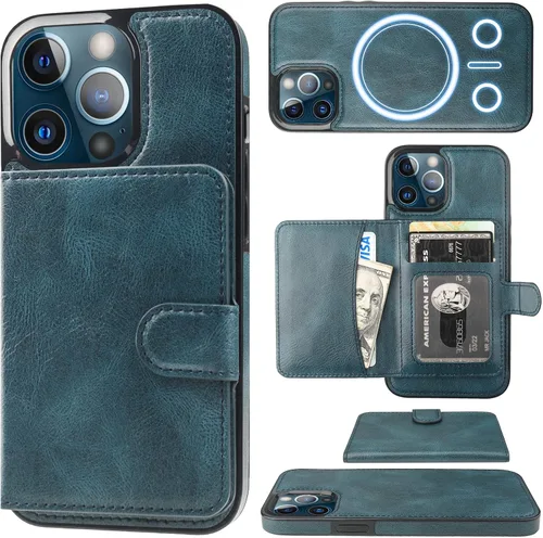 Vista 13 de Bocasal Funda tipo cartera para iPhone 13 Pro compatible con MagSafe magnético RFID bloqueo desmontable de piel sintética de alta calidad