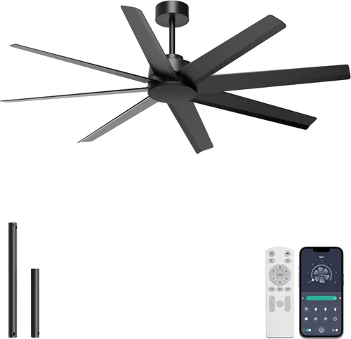 Vista 10 de Ohniyou Ventilador de techo de 60 pulgadas con luz, ventilador de techo blanco moderno de 8 aspas con control remoto y aplicación, regulable