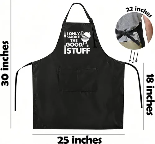 Vista 2 de Delantal divertido para hombres – I Only Smoke The Good Stuff – Delantal de cocina humorístico con 2 bolsillos y correa ajustable para el cuello