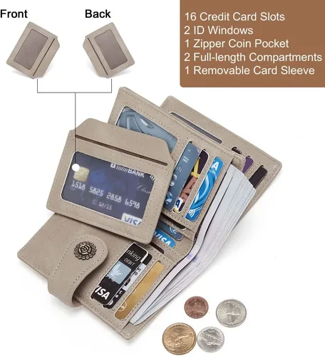 Vista 4 de CLUCI Billeteras pequeñas para mujer, con bloqueo RFID, de cuero, triple, compactas, con ventana de identificación, monedero con cremallera