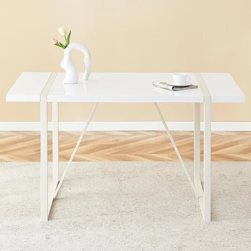 Vista 4 de Mesa de comedor rectangular industrial estilo crema para 4 6 personas con parte superior de 1.5 pulgadas de grosor y patas de metal blanco e