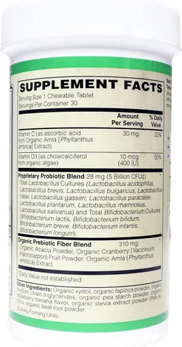 Vista 2 de Organic Kids Comfort (probiótico integral - USDA Organic) vegano masticable (30 masticables de fresa/plátano)