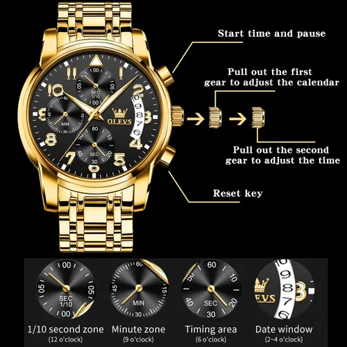 Vista 4 de OLEVS Reloj cronógrafo para hombre reloj de acero inoxidable plateado y dorado reloj de cuarzo multifunción con fecha relojes impermeables