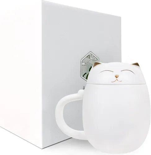 Vista 2 de Liywall - Taza de té de cerámica con infusor y tapa, diseño de gato hecho a mano de porcelana con estuche de almacenamiento portátil a prueba