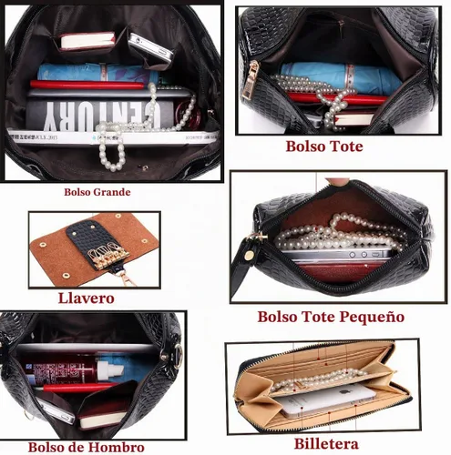 Vista 7 de Juego de 6 bolsos de mano para mujer, con asa superior, carteras cruzadas, cartera Negro