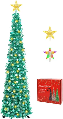 Vista 21 de MACTING Árbol de Navidad desplegable con 50 luces LED con temporizador, 5 pies, árbol de lápiz de oropel plegable de fácil montaje, árbol artificial