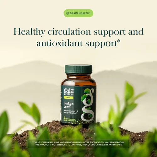 Vista 3 de Gaia Herbs Hoja de ginkgo, 60 cápsulas veganas, 30 porciones Tradicionalmente utilizado para apoyar la circulación saludable y la función
