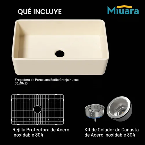 Vista 6 de Miuara Fregadero de cocina con delantal de arcilla refractaria de hueso