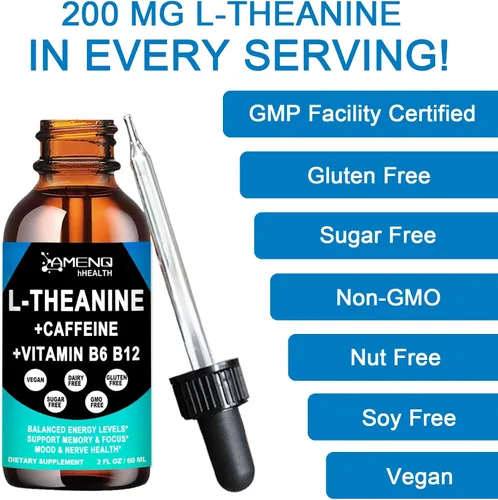 Vista 6 de L Theanine - Suplemento de cafeína en gotas líquidas orgánicas para mujeres y hombres Suplemento energético enfocado con L-teanina de 200 mg y 50