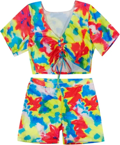 Vista 6 de Traje de baño tankini de dos piezas para mujer, sexy, fruncido en la parte delantera, manga corta, con pantalones cortos, traje de baño para verano