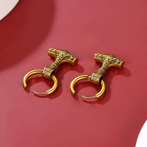 Vista 9 de FaithHeart Aretes de aro vikingo para hombre, ligeros, de acero inoxidable, aretes colgantes retro de mitología nórdica, regalo para papá y hermanos